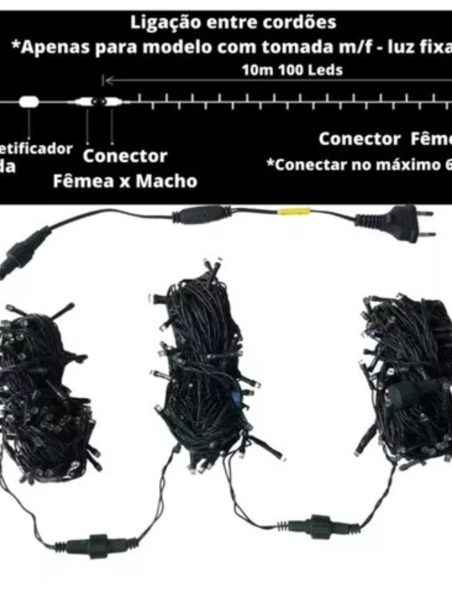Cordão Pisca Pisca Strobo 10 metros Luz Branco Quente ou Branco Frio 100 LEDs Fio Verde C/ Emenda
