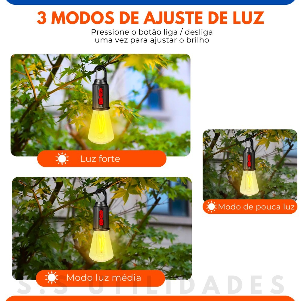 Lâmpada Recarregável Para Barraca De Acampamento E Pesca Luz Portátil Usb de Pendurar