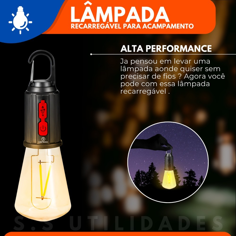 Lâmpada Recarregável Para Barraca De Acampamento E Pesca Luz Portátil Usb de Pendurar