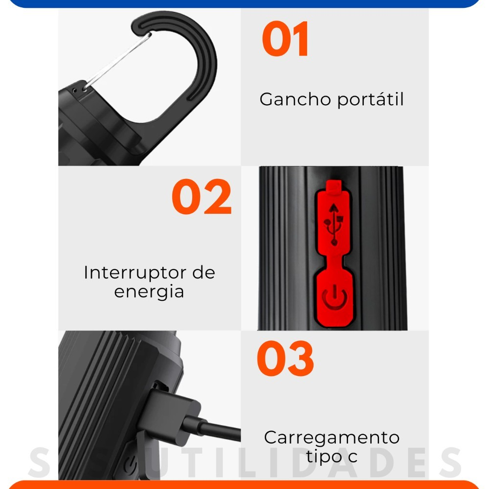 Lâmpada Recarregável Para Barraca De Acampamento E Pesca Luz Portátil Usb de Pendurar