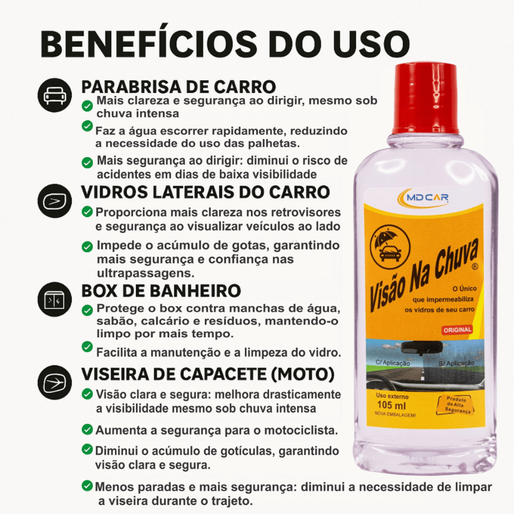 Cristalizador de Vidros MD Car 105ml – Repelente de Água | Visão na Chuva | Hidrorepelente Premium