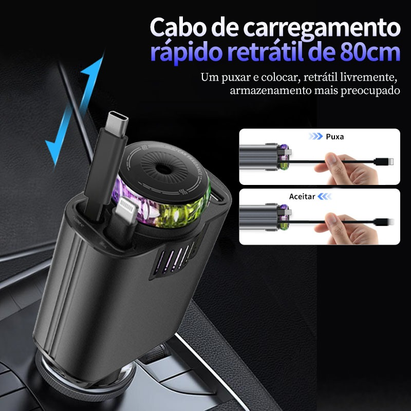 Carregador de carro retrátil com luz LED, Difusor 5 em 1 de 120 W para iPhone e Android 
