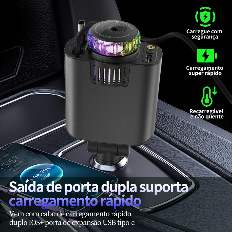 Carregador de carro retrátil com luz LED, Difusor 5 em 1 de 120 W para iPhone e Android 