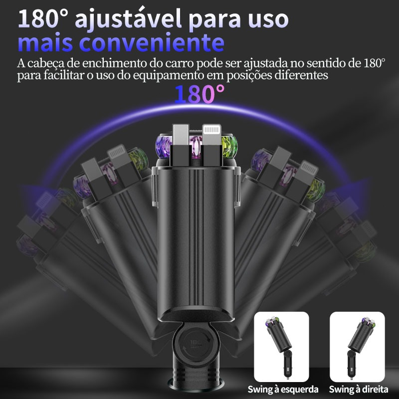 Carregador de carro retrátil com luz LED, Difusor 5 em 1 de 120 W para iPhone e Android 