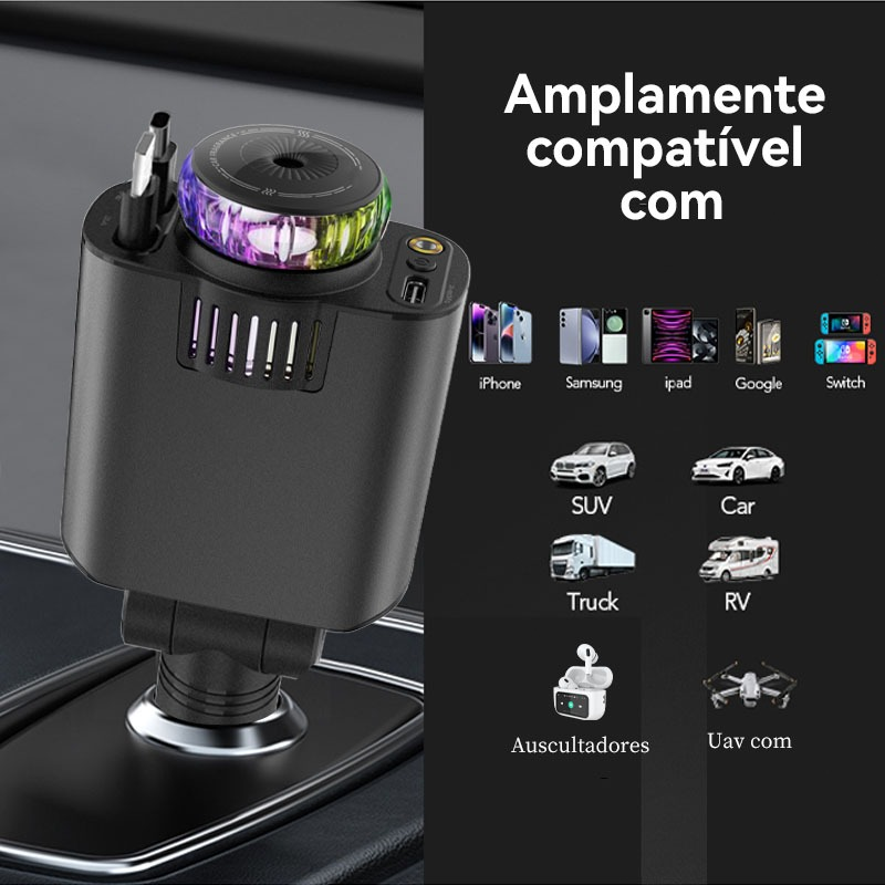 Carregador de carro retrátil com luz LED, Difusor 5 em 1 de 120 W para iPhone e Android 