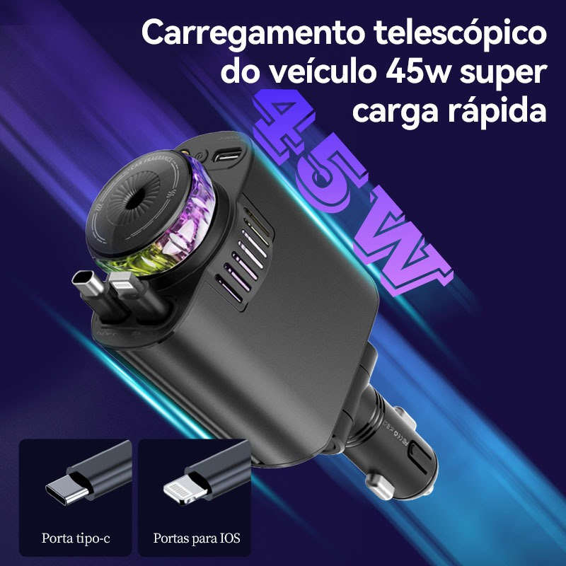 Carregador de carro retrátil com luz LED, Difusor 5 em 1 de 120 W para iPhone e Android 