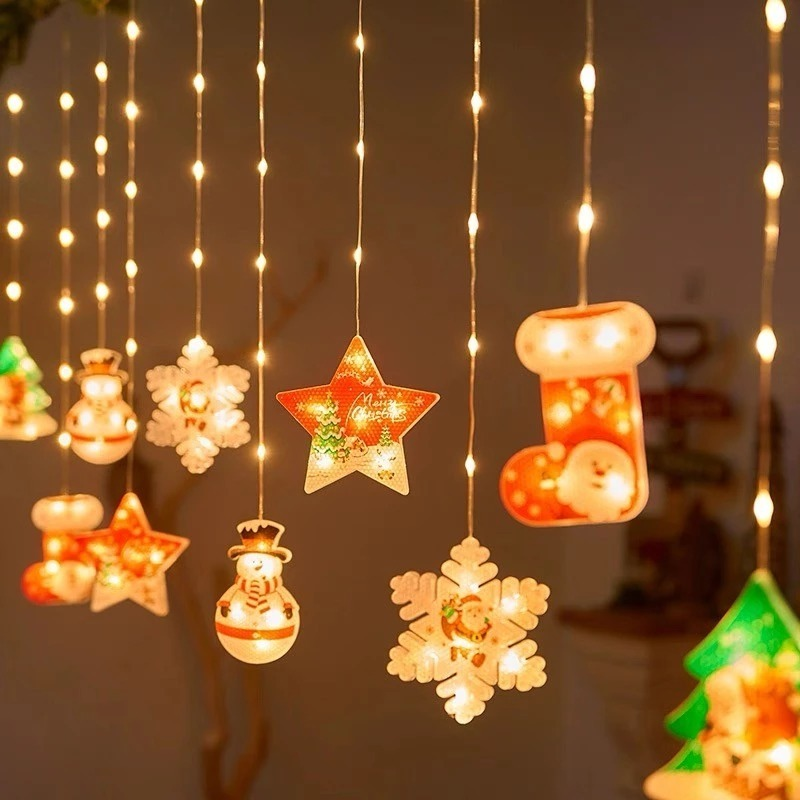 Decoração de Natal :3M Luzes de Cortina 110V com Estrelas, Anéis e Cristais – Ideal para Árvore, Festas e Reuniões