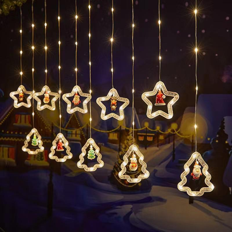 Decoração de Natal :3M Luzes de Cortina 110V com Estrelas, Anéis e Cristais – Ideal para Árvore, Festas e Reuniões