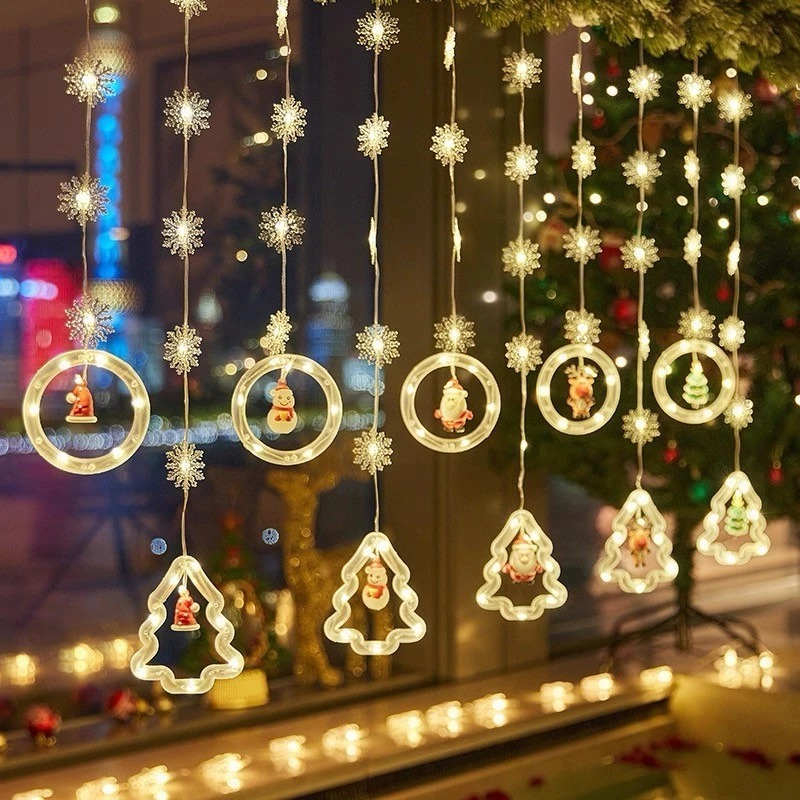 Decoração de Natal :3M Luzes de Cortina 110V com Estrelas, Anéis e Cristais – Ideal para Árvore, Festas e Reuniões