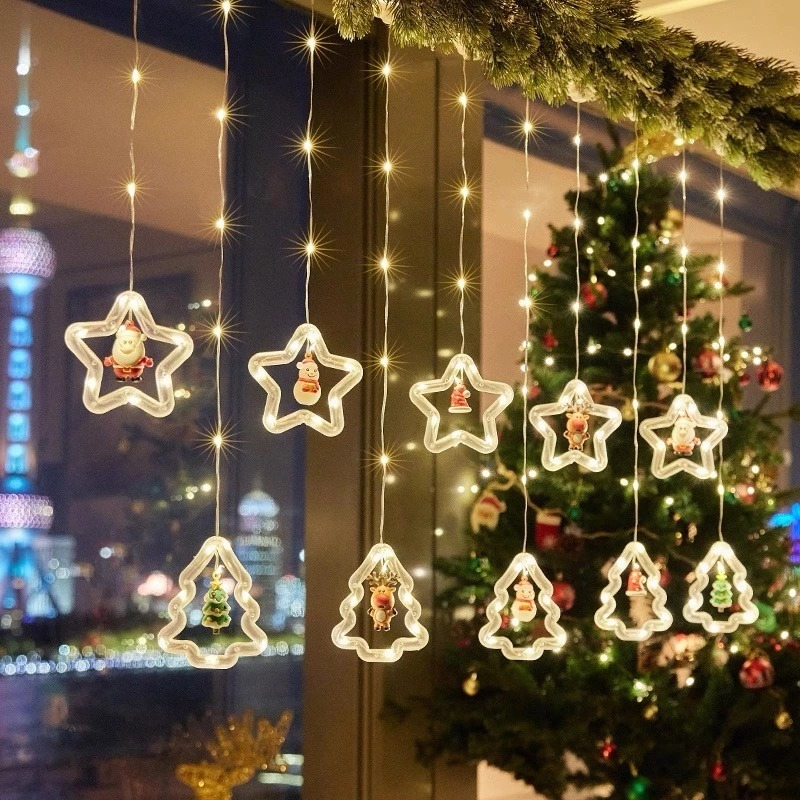 Decoração de Natal :3M Luzes de Cortina 110V com Estrelas, Anéis e Cristais – Ideal para Árvore, Festas e Reuniões