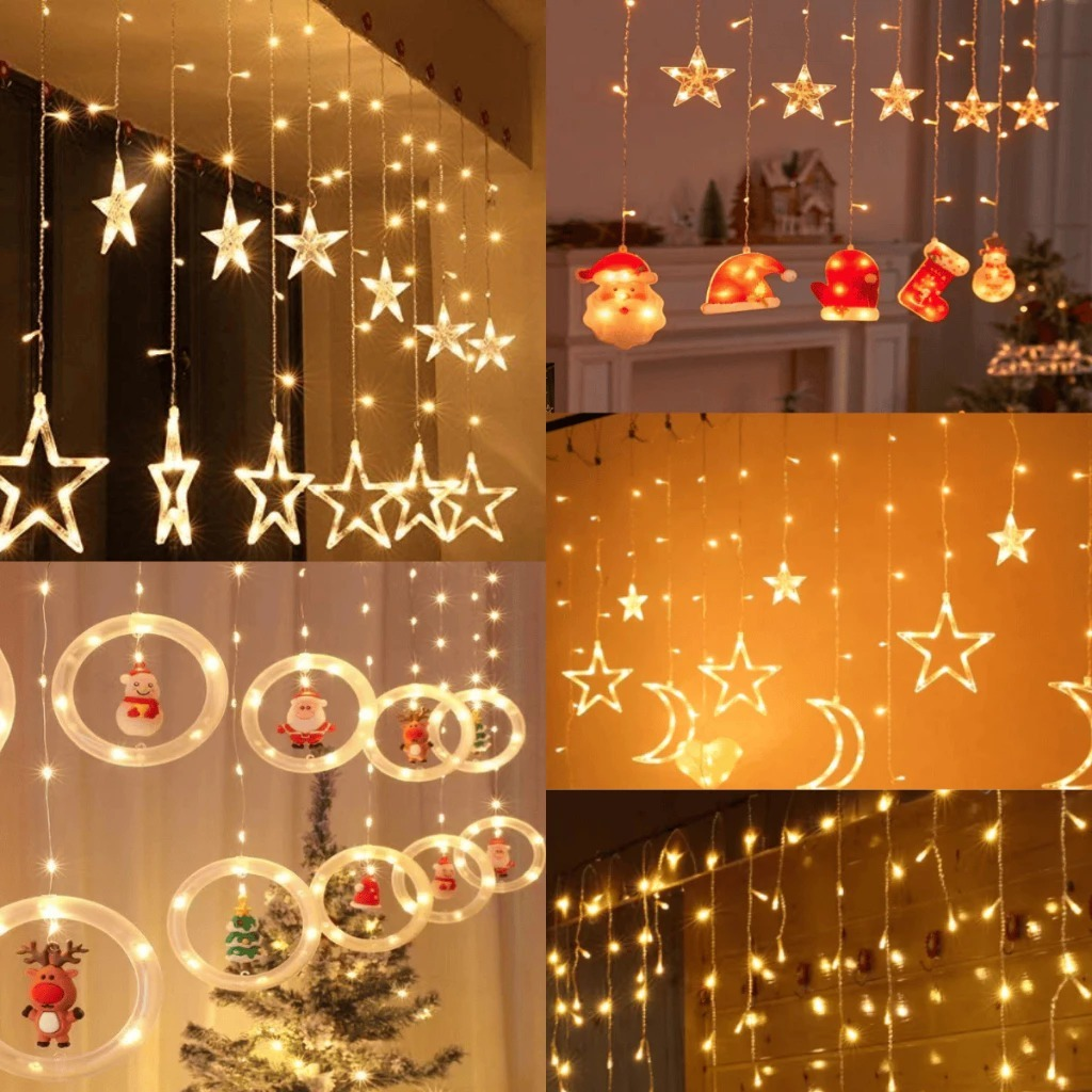 Decoração de Natal :3M Luzes de Cortina 110V com Estrelas, Anéis e Cristais – Ideal para Árvore, Festas e Reuniões