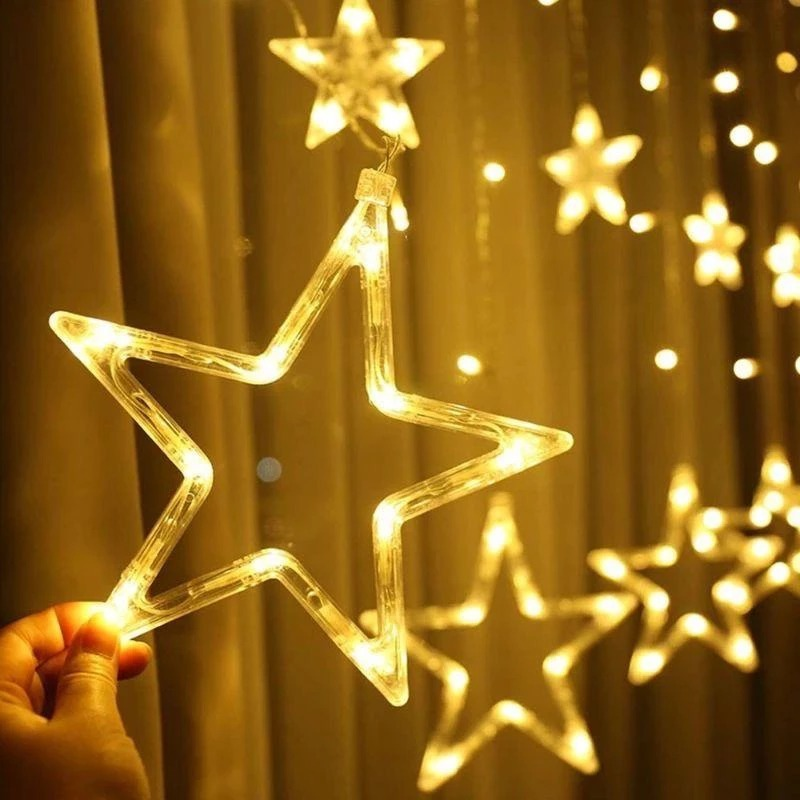 Decoração de Natal :3M Luzes de Cortina 110V com Estrelas, Anéis e Cristais – Ideal para Árvore, Festas e Reuniões