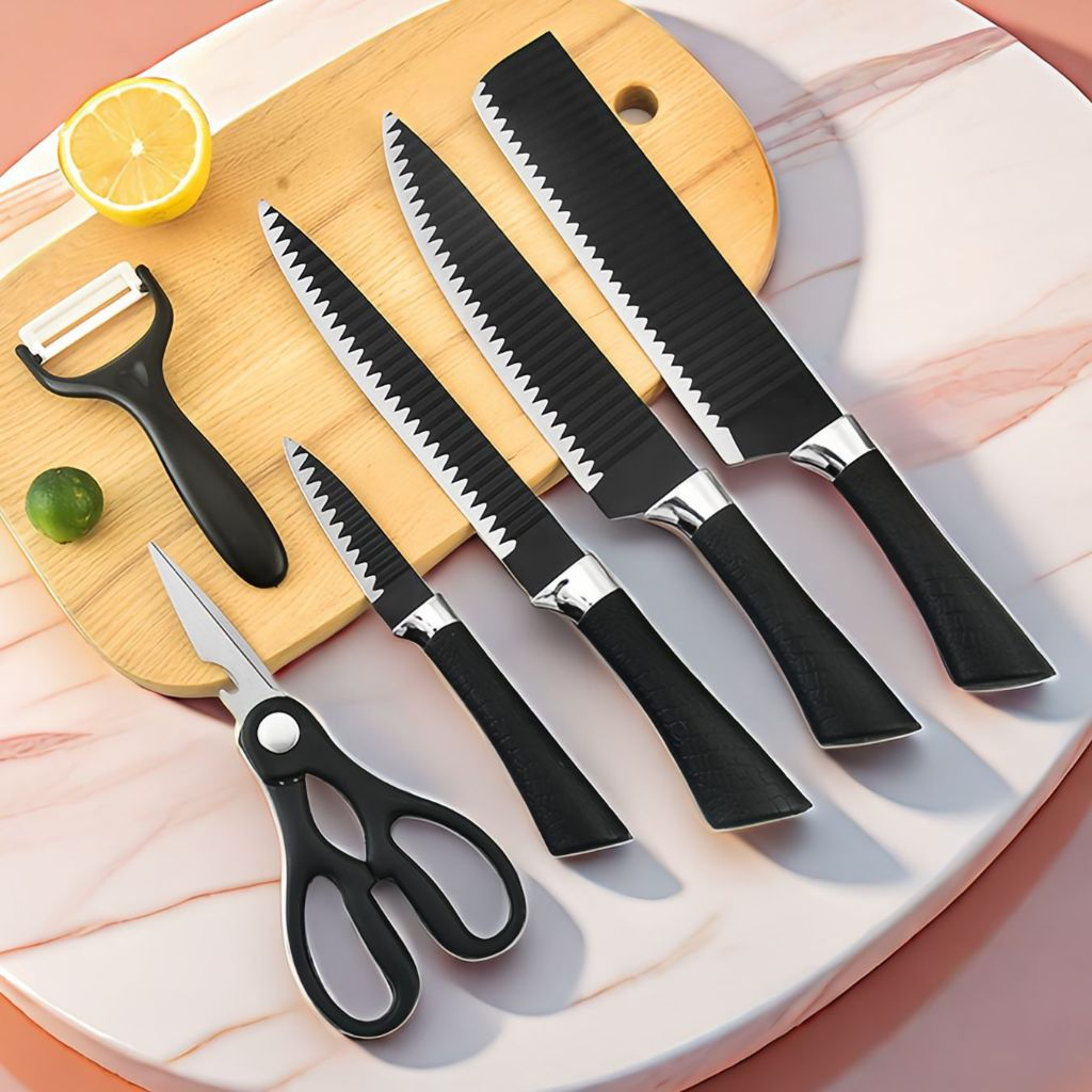 Conjunto De Facas , Descascador E Tesoura De Aço Inoxidável , 6 Peças