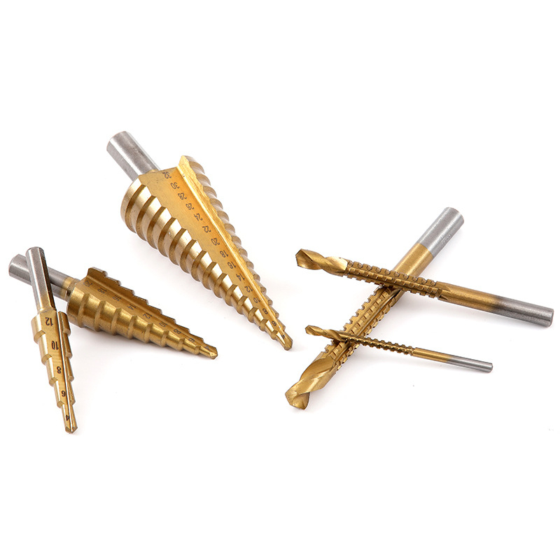 Kit 6 Brocas Titânio Escalonada Amarela Aço e Broca Corte Lateral Marcador Punção Com Caixa