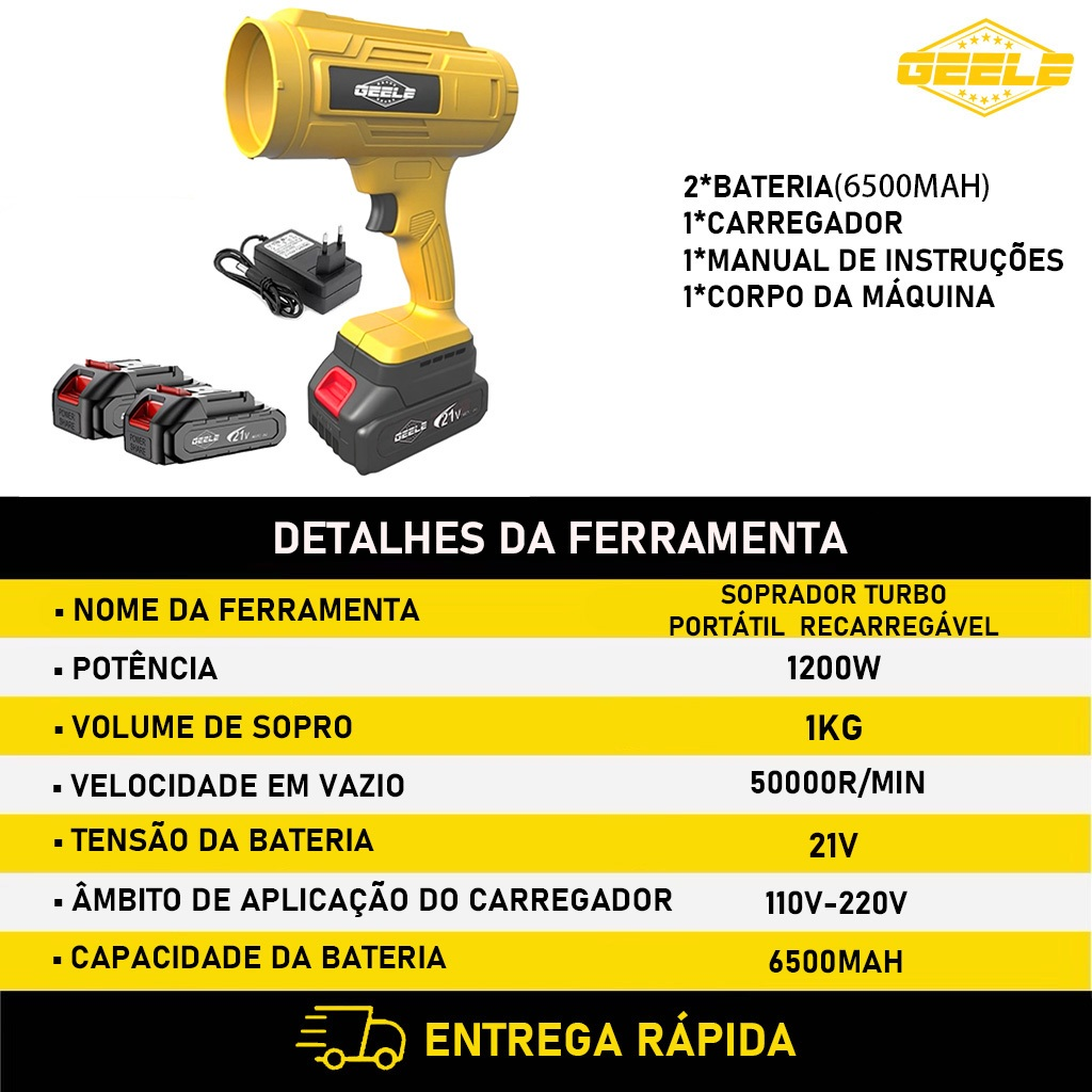 Soprador de folhas elétrico  baterias bivolt 50000rpm 1200W HigherPower  Avicii Express®