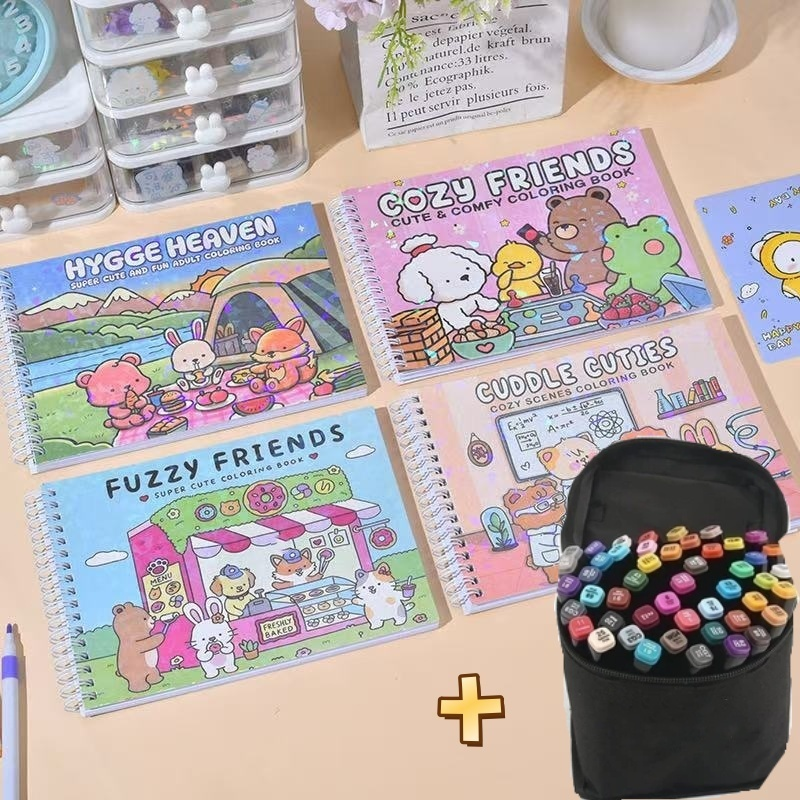 Kit De Livro Para Colorir De Capa Dura 50 Páginas + 24/36/60/80 Cores Caneta Marcadora De Ponta Dupla