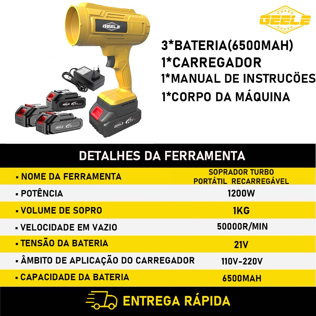 Soprador de folhas elétrico  baterias bivolt 50000rpm 1200W HigherPower  Avicii Express®