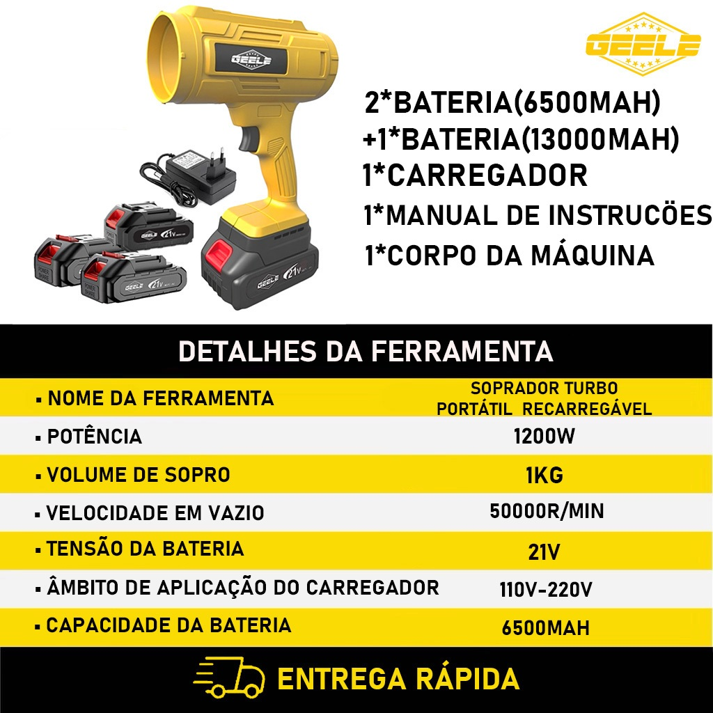 Soprador de folhas elétrico  baterias bivolt 50000rpm 1200W HigherPower  Avicii Express®