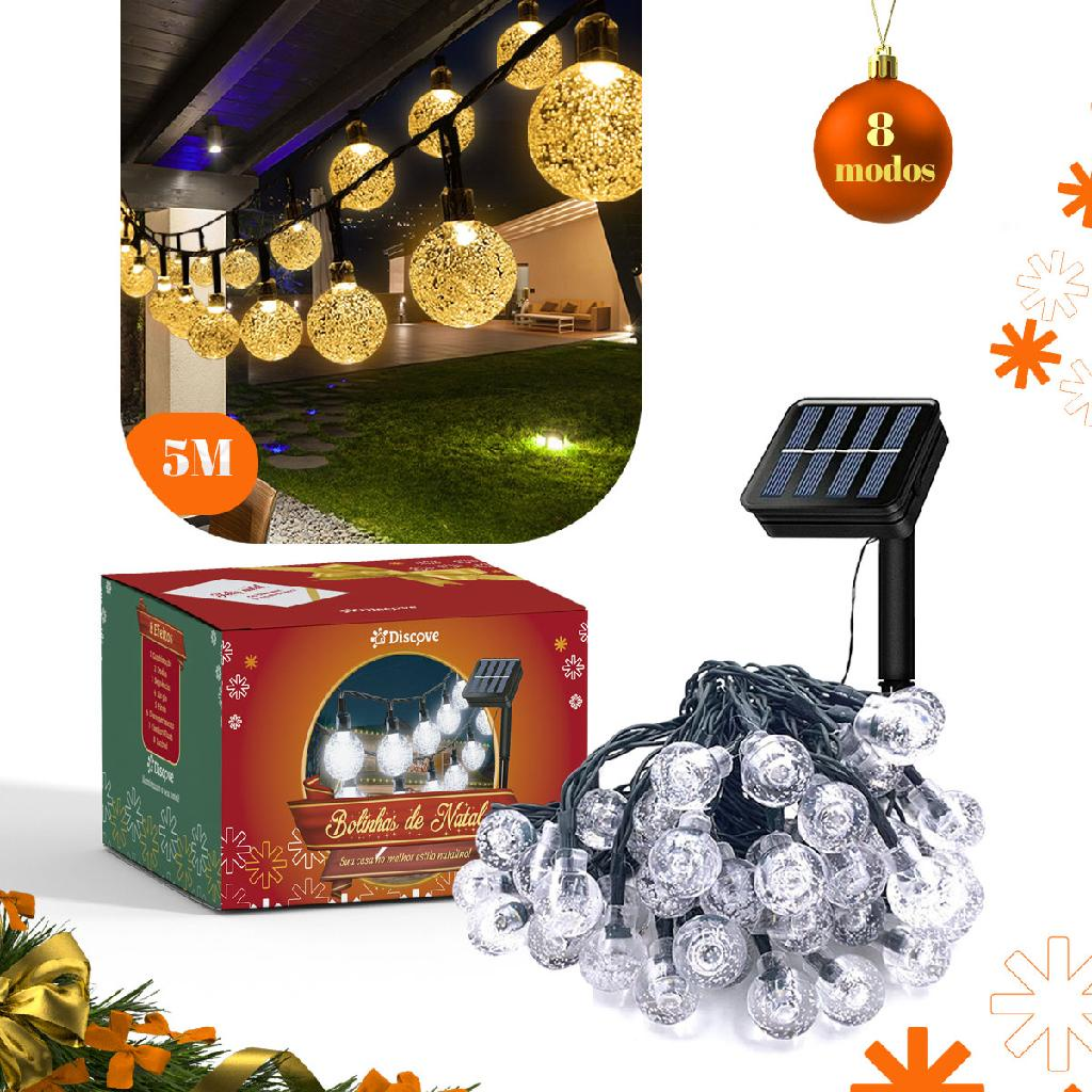 Pisca Pisca Varal Lâmpadas Solar 30 Led Enfeites de Natal 5m Cordão Luzes Externo Decoração Jardim Bolinha Iluminação