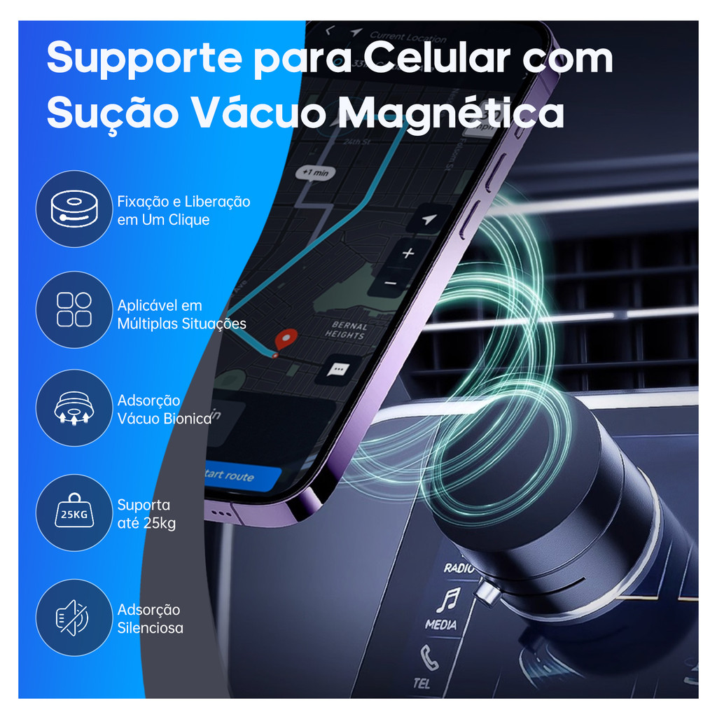 Suporte para Celular Magnético Vácuo Forte Ventosa Telefone Sucção Para Carro Portátil Dobrável