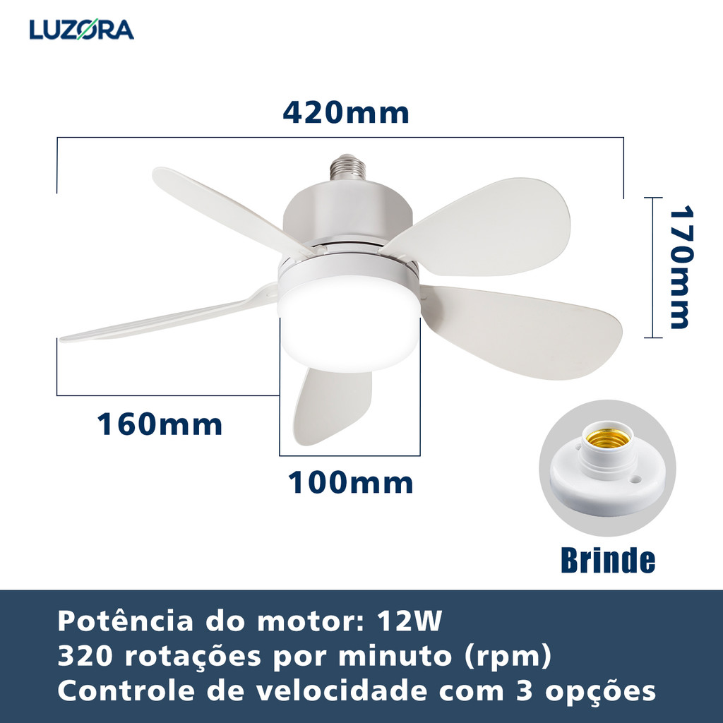 Ventilador de Teto com Luz Silencioso Controle Remoto Economica E27 Instalação Fácil LED Bivolt