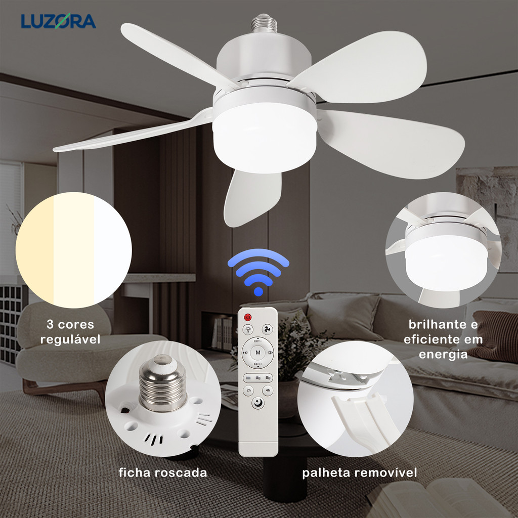 Ventilador de Teto com Luz Silencioso Controle Remoto Economica E27 Instalação Fácil LED Bivolt