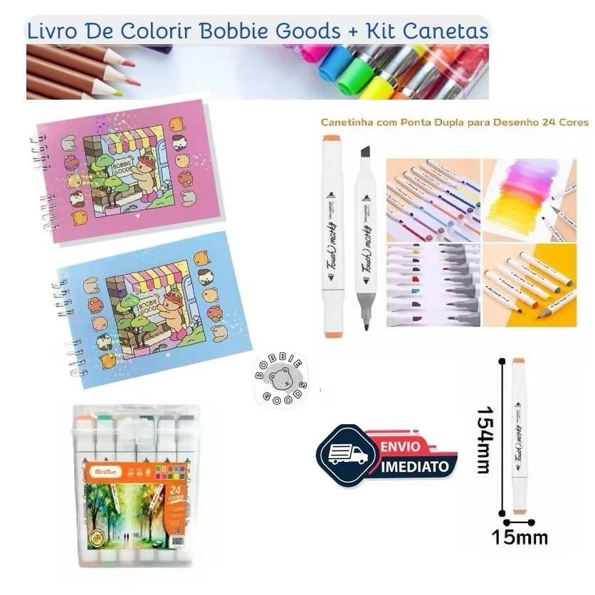 Kit Livro De Colorir Capa Dura 50 Páginas + Kit 12/24/36 Cores Caneta Marcadora Com Ponta Dupla