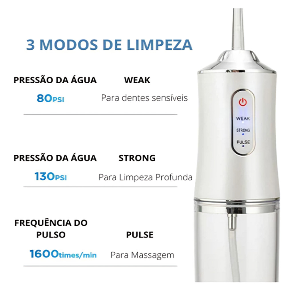 Irrigador Bucal USB Multifuncional 3 em 1 Jato Água Fio Dental Limpador Dentes